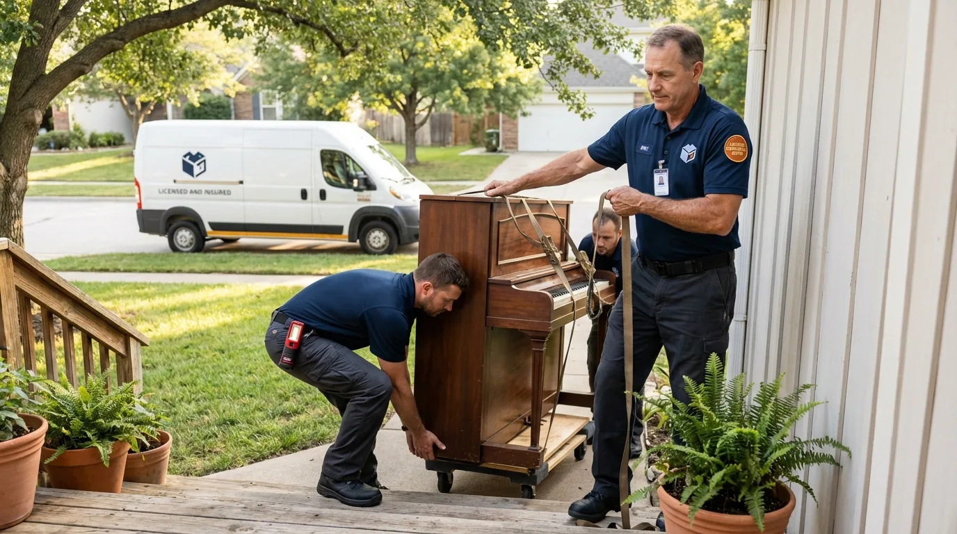 Licensed piano movers securing grand piano in Caruthersville, MO