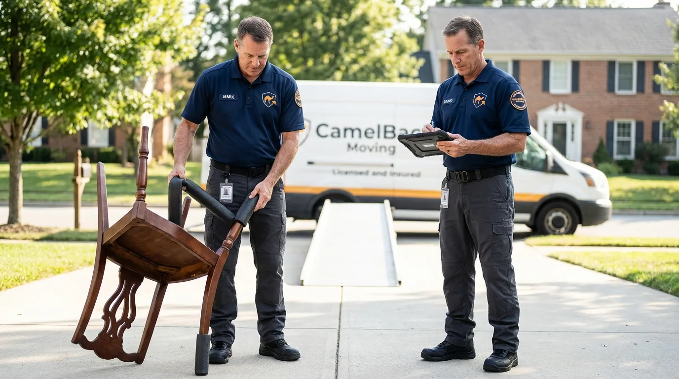 Movers inspecting furniture for damage prevention before loading in Caruthersville, MO