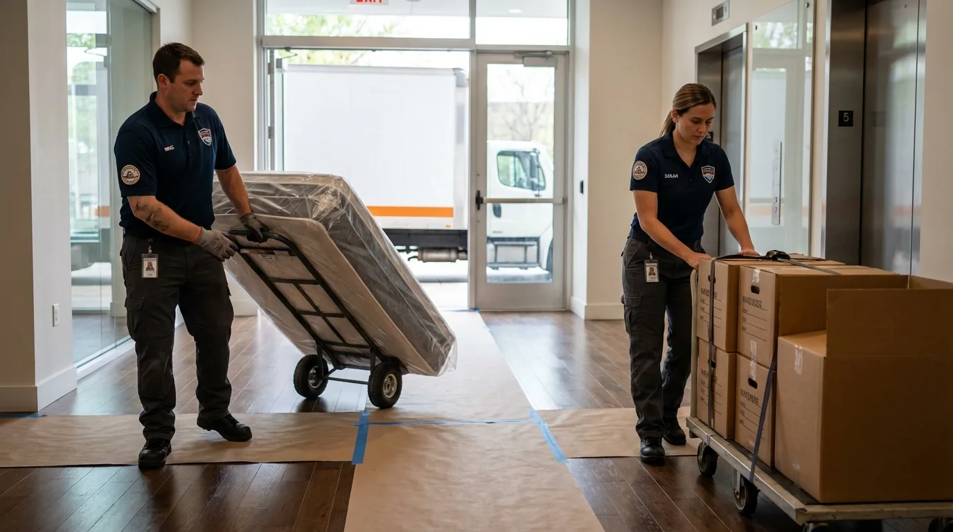 Professional apartment movers loading elevator in Caruthersville, MO
