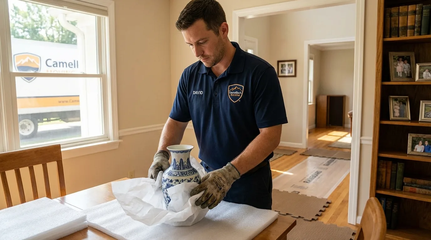 Professional crew carefully wrapping antique vase for senior downsizing move in Caruthersville, MO